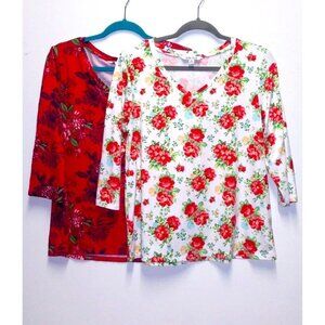 Pioneer Woman Lot of 2 Floral tops Sz M 3/4 Sleeve red and cream soft relaxed EC